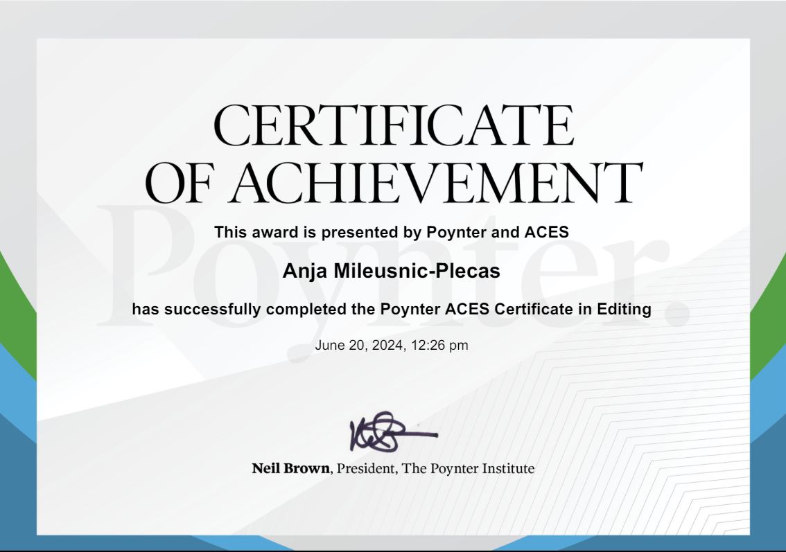 Anja Poynter Aces Certification in Editing