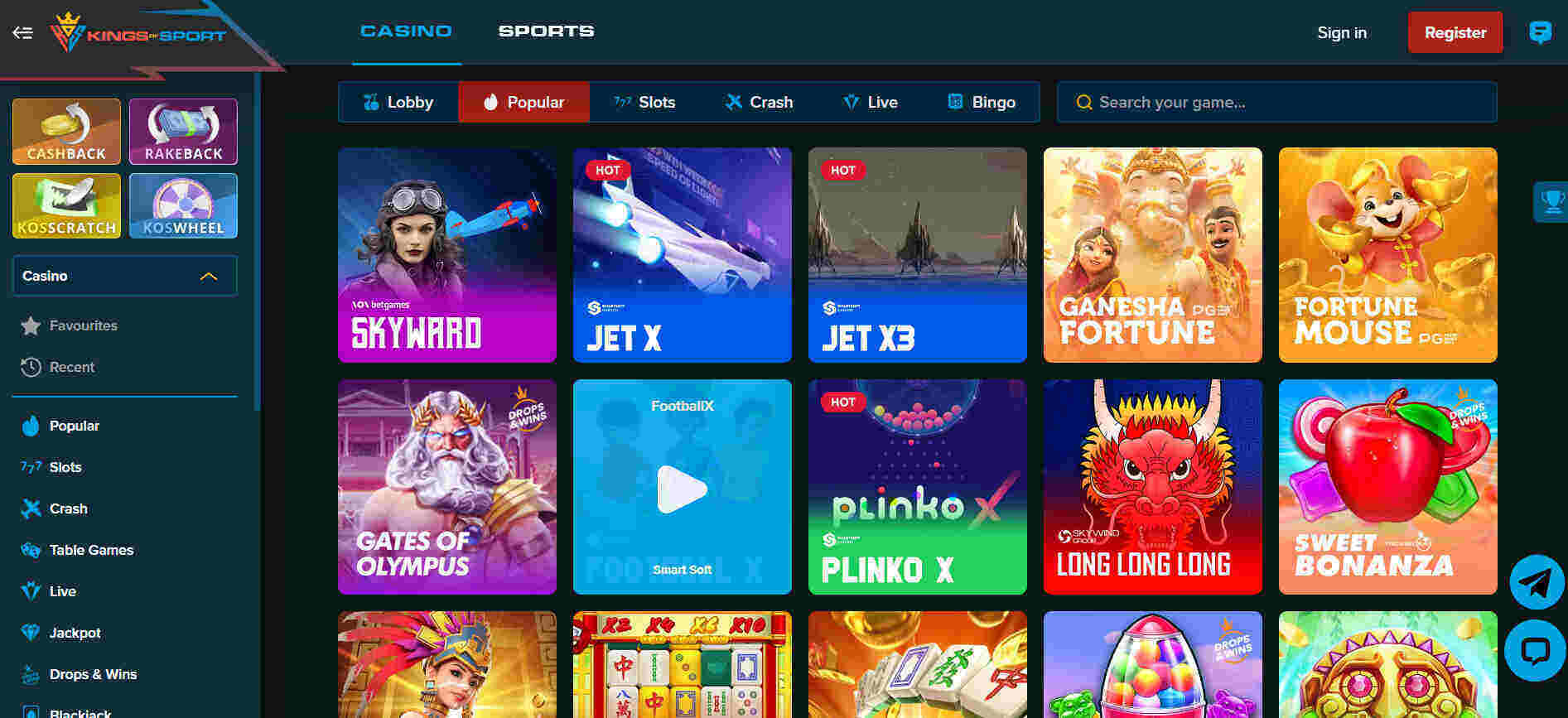 Kings of Sport Casino popular games