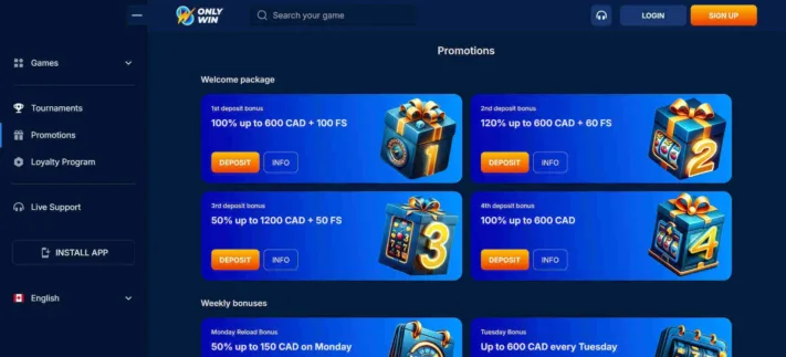 Only.win Casino promotions