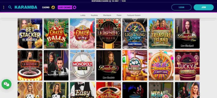 Karamba Casino featured live games