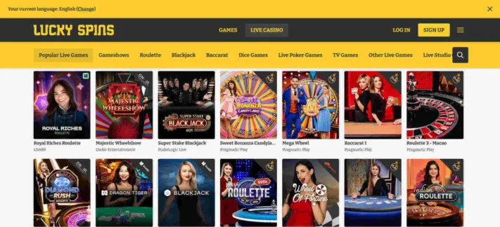 Lucky Spins Casino popular live games