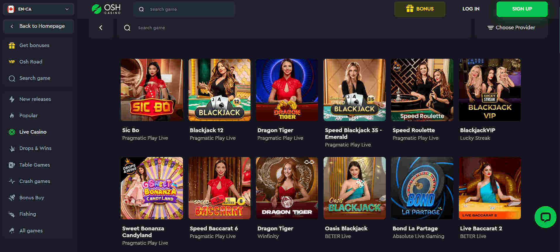 Osh Casino live dealer games